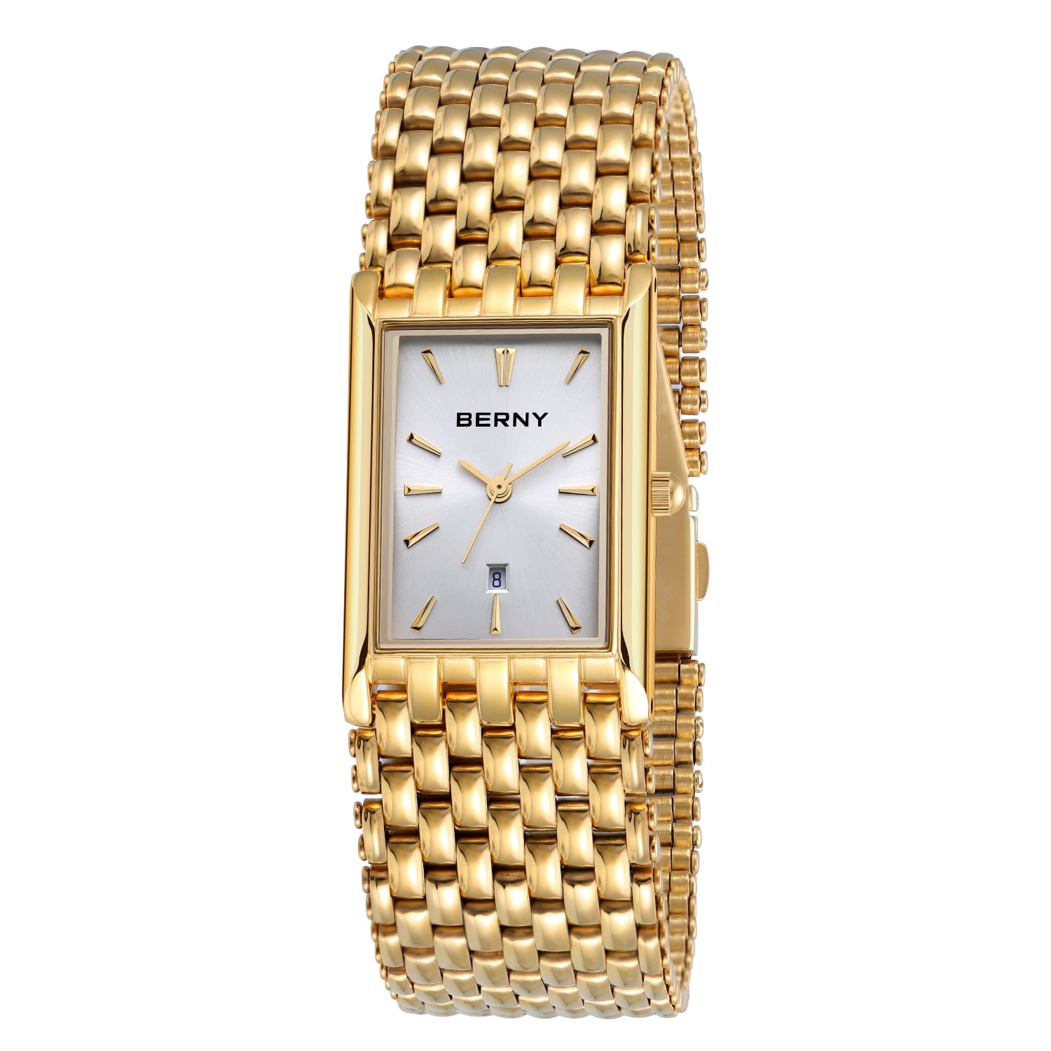 BERNY Men's Gold Rectangular Watch, Stainless Steel Band Quartz Wristwatch, 3ATM Water Resistant, Date Display,Classic Business Dress Watch for Men (White)