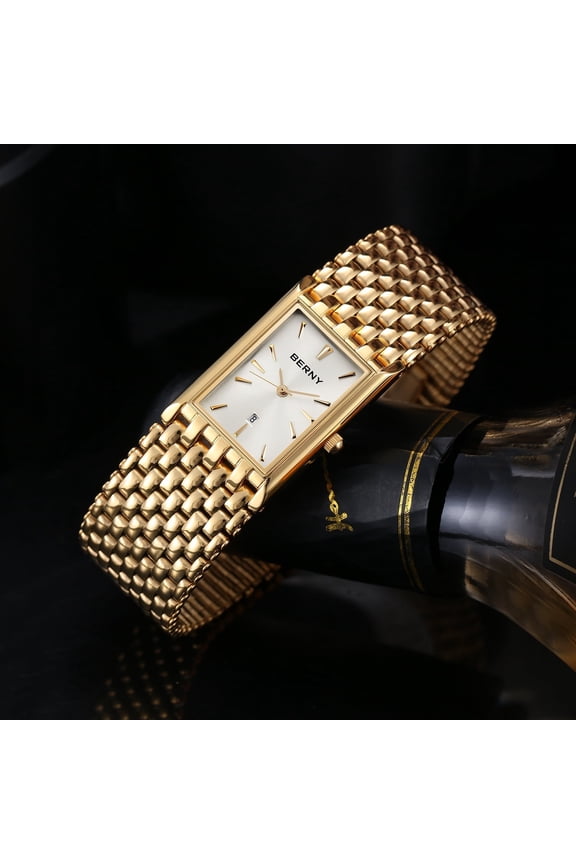 Gold Watches for Men, Fashion Men's Wrist Watch, Luxury Minimalist Quartz Analog Mens Watch with Rectangular Watch Case, Date Calendar, Stainless Steel Bracelet, Valentines Gift, White