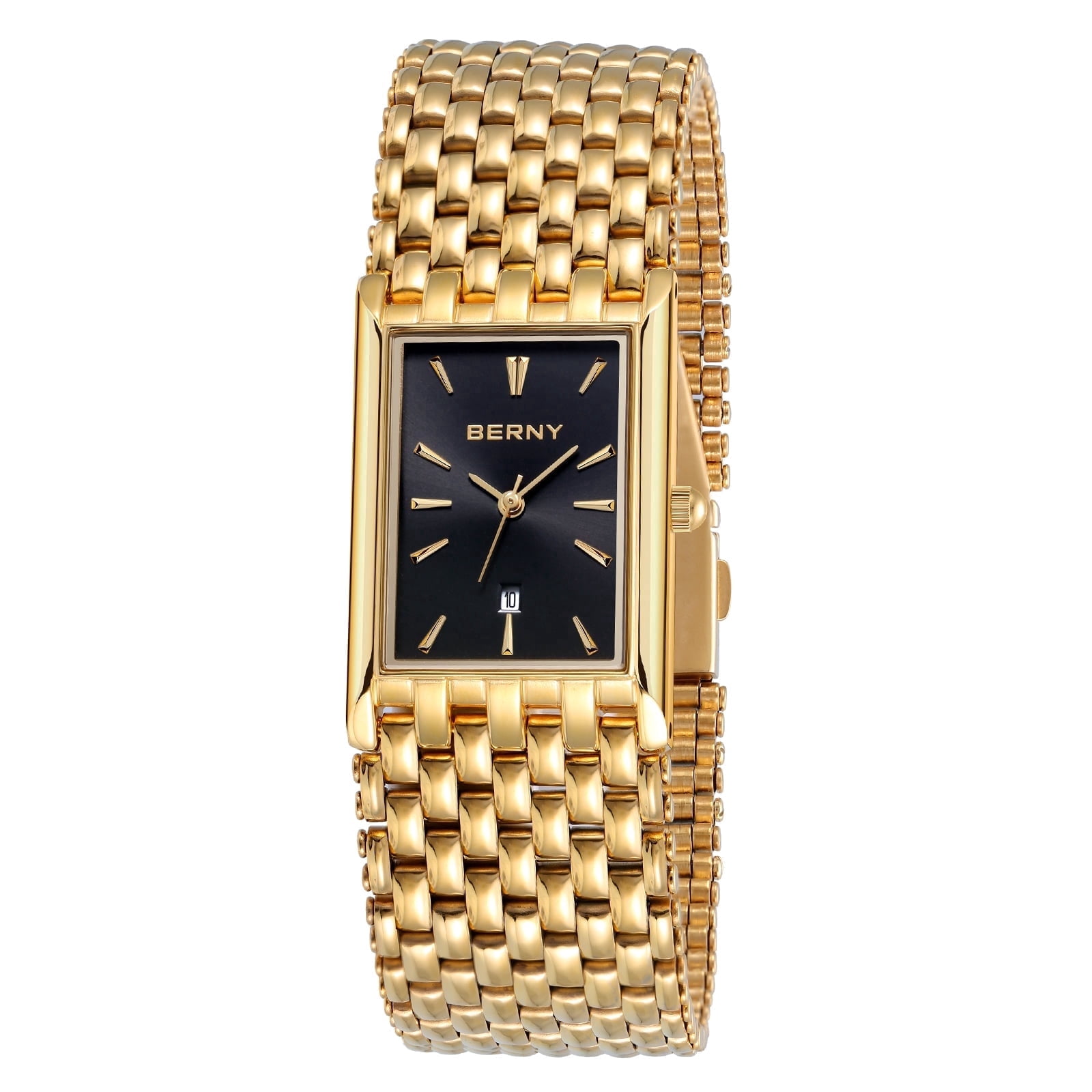 BERNY Men's Gold Rectangular Watch, Stainless Steel Quartz Wristwatch, Date Function, 3ATM Waterproof, Folding Clasp, Business Dress Watch for Men, Gift for Him (Black)