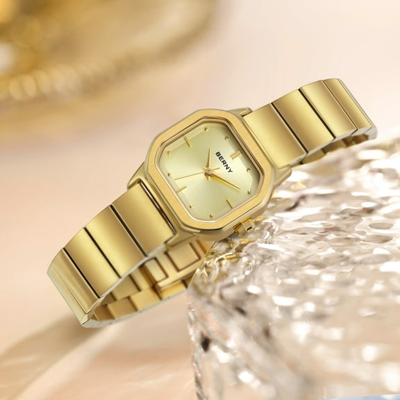 BERNY Gold Watches for Women, Dainty Dressy Ladies watches With Stainless Steel Band, Irregular Square Case, Vintage Small Women Quartz Watches, Gold