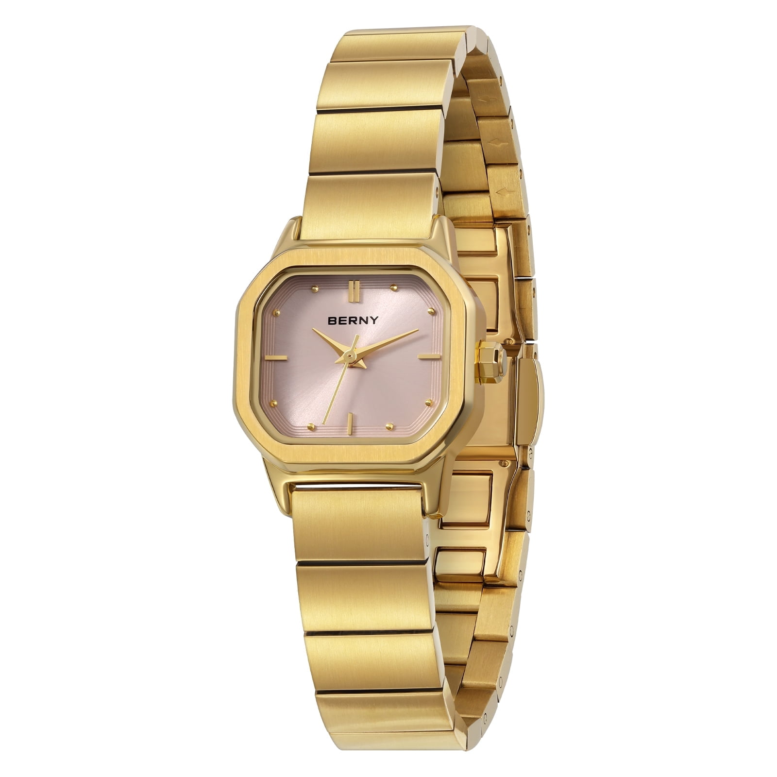BERNY Small Gold Watches for Women, Dainty Minimalist Dress Watch with Square Dial, Vintage Stainless Steel Bracelet Watch, Waterproof, Ladies Luxury Gifts (Pink)