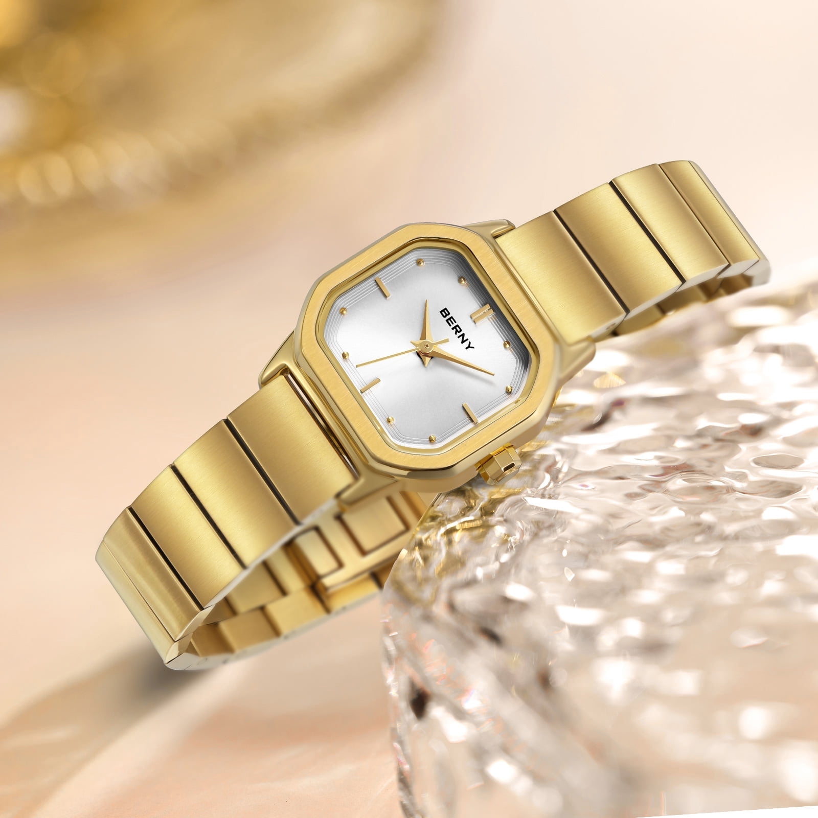 BERNY Small Gold Watches for Women, Dainty Minimalist Dress Watch with Square Dial, Vintage Stainless Steel Bracelet Watch, Waterproof, Ladies Luxury Gifts (White)