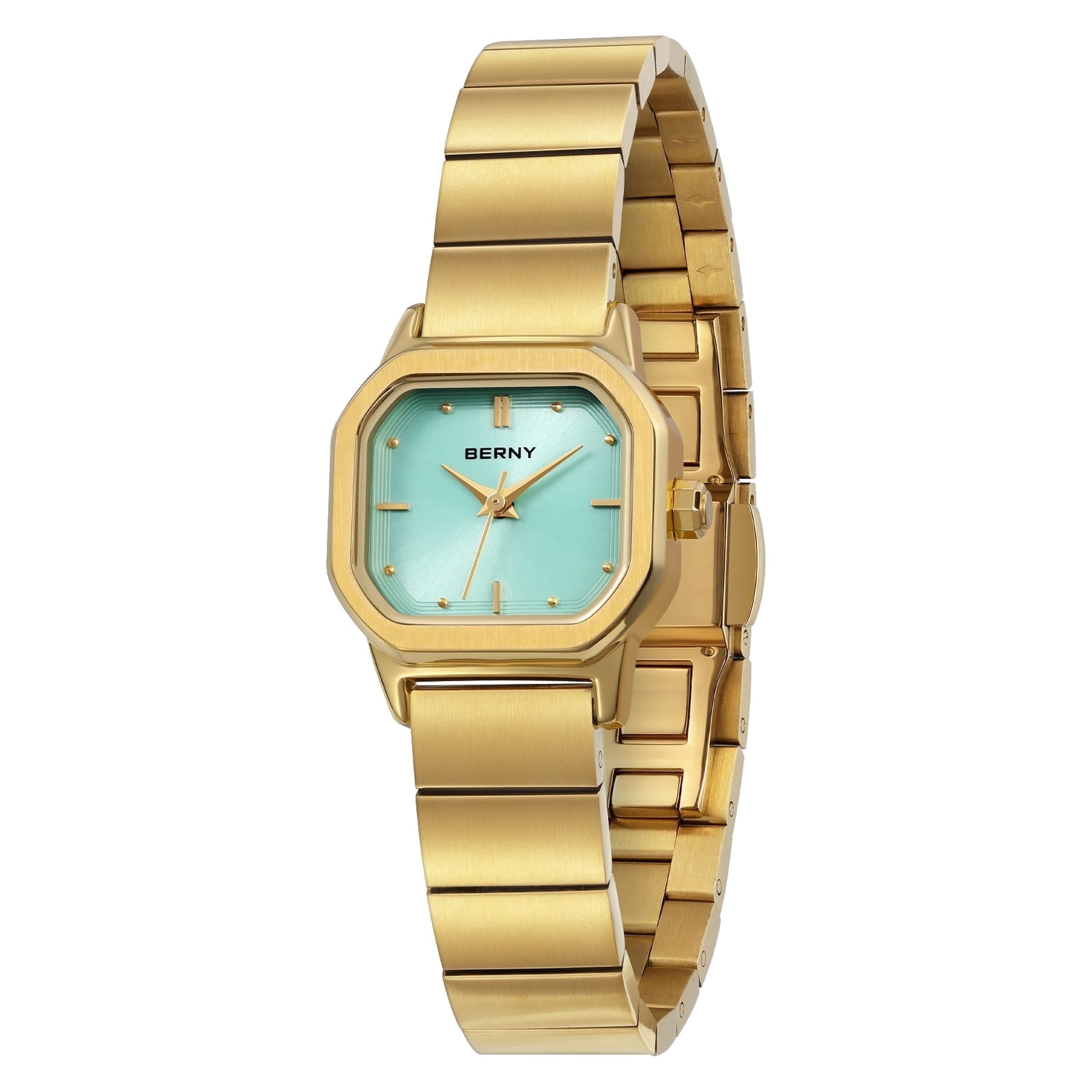 BERNY Small Gold Watches for Women, Dainty Minimalist Dress Watch with Square Dial, Vintage Stainless Steel Bracelet Watch, Waterproof, Ladies Luxury Gifts (Blue)