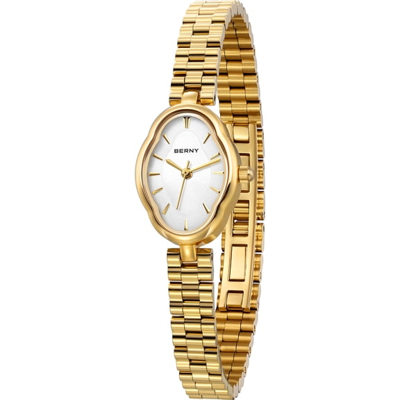 BERNY Small Gold Watches for Women Dainty Vintage Ladies Analog Quartz Bracelet Watch, Adjustment Tool Included Stainless Steel Waterproof, Fashion Luxury Womens Wrist Watches Gifts (White)