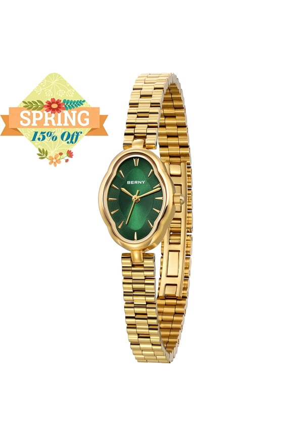 Small Gold Watches for Women, Dainty Luxury Irregular Oval Dial, Stainless Steel Bracelet Watch, Adjustment Tool Included, Waterproof, Minimalist Ladies Analog Quartz Wrist Watch (Green)