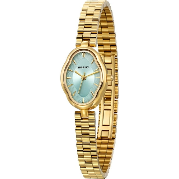 BERNY Small Gold Watches for Women, Dainty Luxury Irregular Oval Dial, Stainless Steel Bracelet Watch, Adjustment Tool Included, Waterproof, Minimalist Ladies Analog Quartz Wrist Watch (Blue)