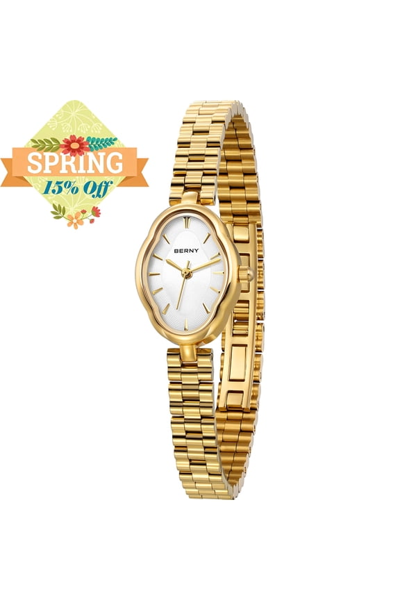 Small Gold Watches for Women, Dainty Luxury Irregular Oval Dial, Stainless Steel Bracelet Watch, Adjustment Tool Included, Waterproof, Minimalist Ladies Analog Quartz Wrist Watch (White)