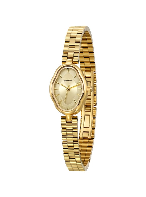 Small Gold Watches for Women, Dainty Luxury Irregular Oval Dial, Stainless Steel Bracelet Watch, Adjustment Tool Included, Waterproof, Minimalist Ladies Analog Quartz Wrist Watch (Gold)