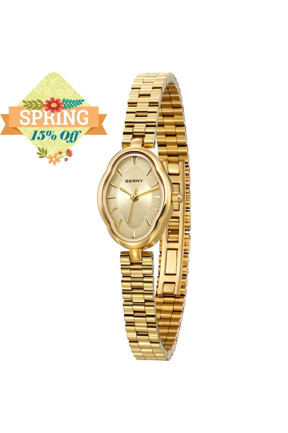 Small Gold Watches for Women, Dainty Luxury Irregular Oval Dial, Stainless Steel Bracelet Watch, Adjustment Tool Included, Waterproof, Minimalist Ladies Analog Quartz Wrist Watch (Gold)