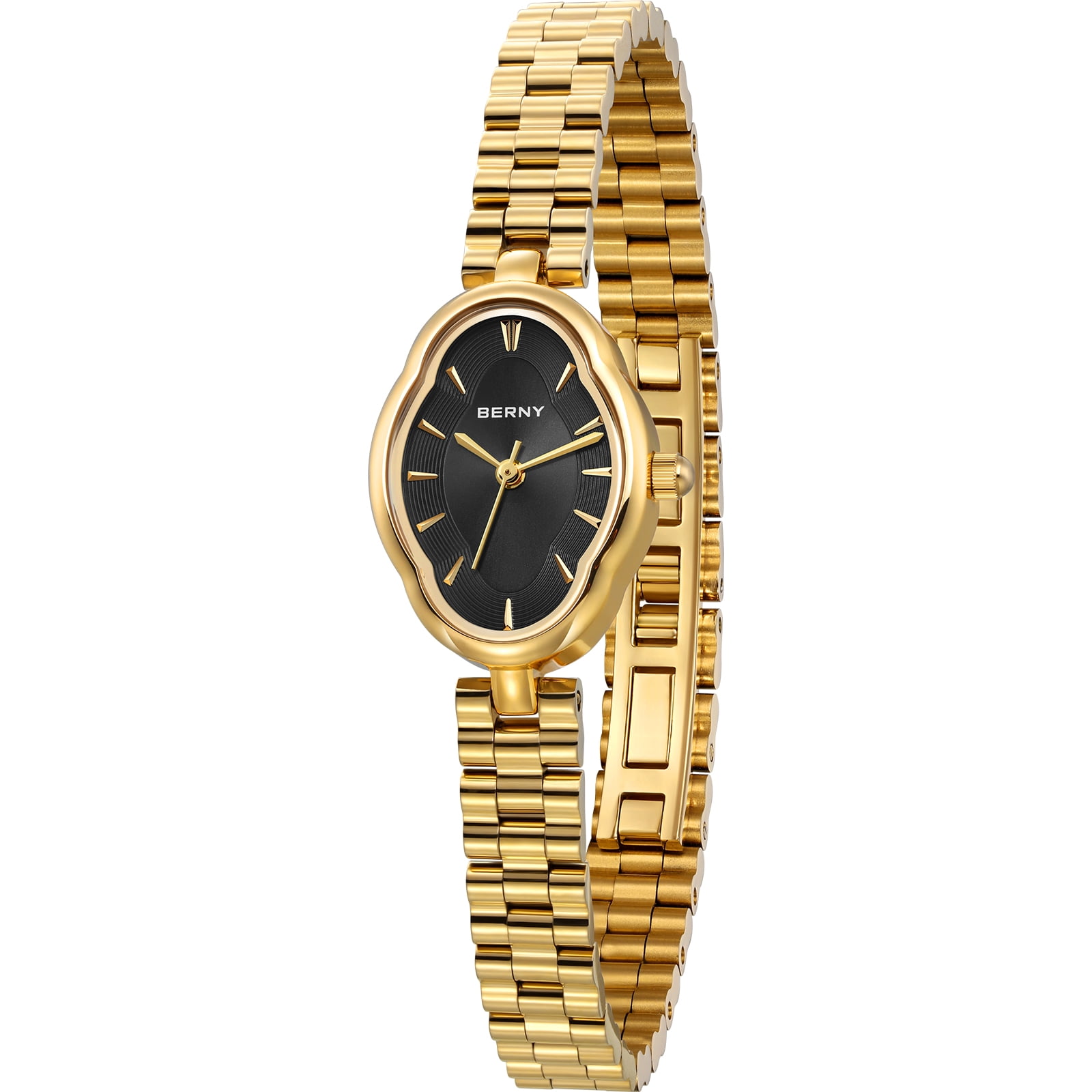 BERNY Small Gold Watches for Women Dainty Vintage Ladies Analog Quartz Bracelet Watch, Adjustment Tool Included Stainless Steel Waterproof, Fashion Luxury Womens Wrist Watches Gifts (Black)