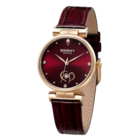 BERNY Gold Watches for Women, Dainty Luxury Waterproof Analog Quartz Watch with Date Calendar, Leather Strap, Stainless Steel Case, Sapphire Crystal, Fashion Diamond Women's WristWatch Gifts (Red)