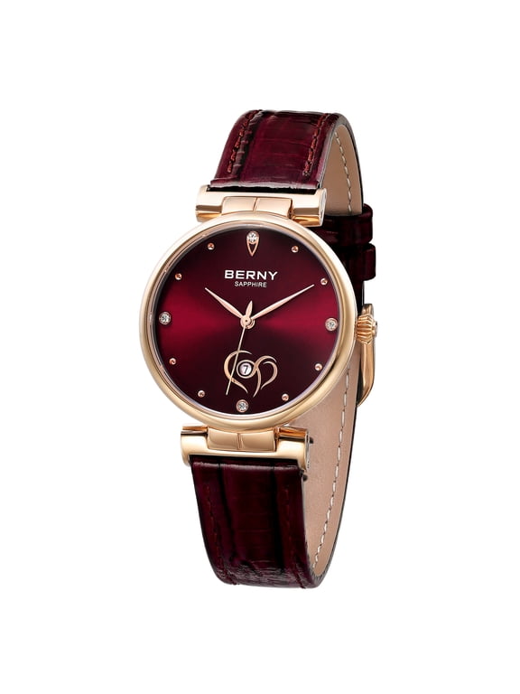 Gold Watches for Women, Dainty Luxury Waterproof Analog Quartz Watch with Date Calendar, Leather Strap, Stainless Steel Case, Sapphire Crystal, Fashion Diamond Women's WristWatch Gifts (Red)