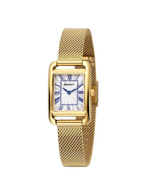 Gold Watches for Women, Dainty Stainless Steel Mesh Bracelet Watch, Rectangular Case Roman Dial, Sapphire Crystal, Waterproof, Luxury Ladies Analog Quartz Wrist Watch Gifts (Gold-Blue Hand)