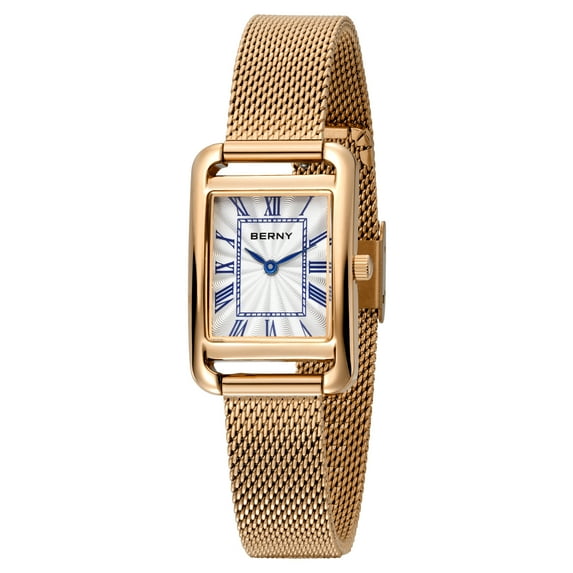 BERNY Gold Watches for Women, Dainty Stainless Steel Mesh Bracelet Watch, Rectangular Case Roman Dial, Sapphire Crystal, Waterproof, Luxury Ladies Analog Quartz Wrist Watch Gifts (Rose Gold)