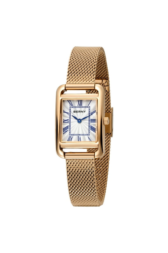 Gold Watches for Women, Dainty Stainless Steel Mesh Bracelet Watch, Rectangular Case Roman Dial, Sapphire Crystal, Waterproof, Luxury Ladies Analog Quartz Wrist Watch Gifts (Rose Gold)
