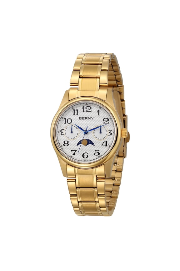 Watch for Women, Fashion Moon Phase Watches with Arabic Numerals Dial, Date Day Calendar, 3ATM Waterproof, Luxury Analog Quartz Women Wristwatch, Gold