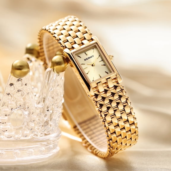 BERNY Small Gold Watches for Women, Luxury Dainty Ladies Watches, Rectangular Case, 3ATM Waterproof, Quartz Movement, Stainless Steel Bracelet Women Wristwatch, Valentines Gift for Ladies, Gold