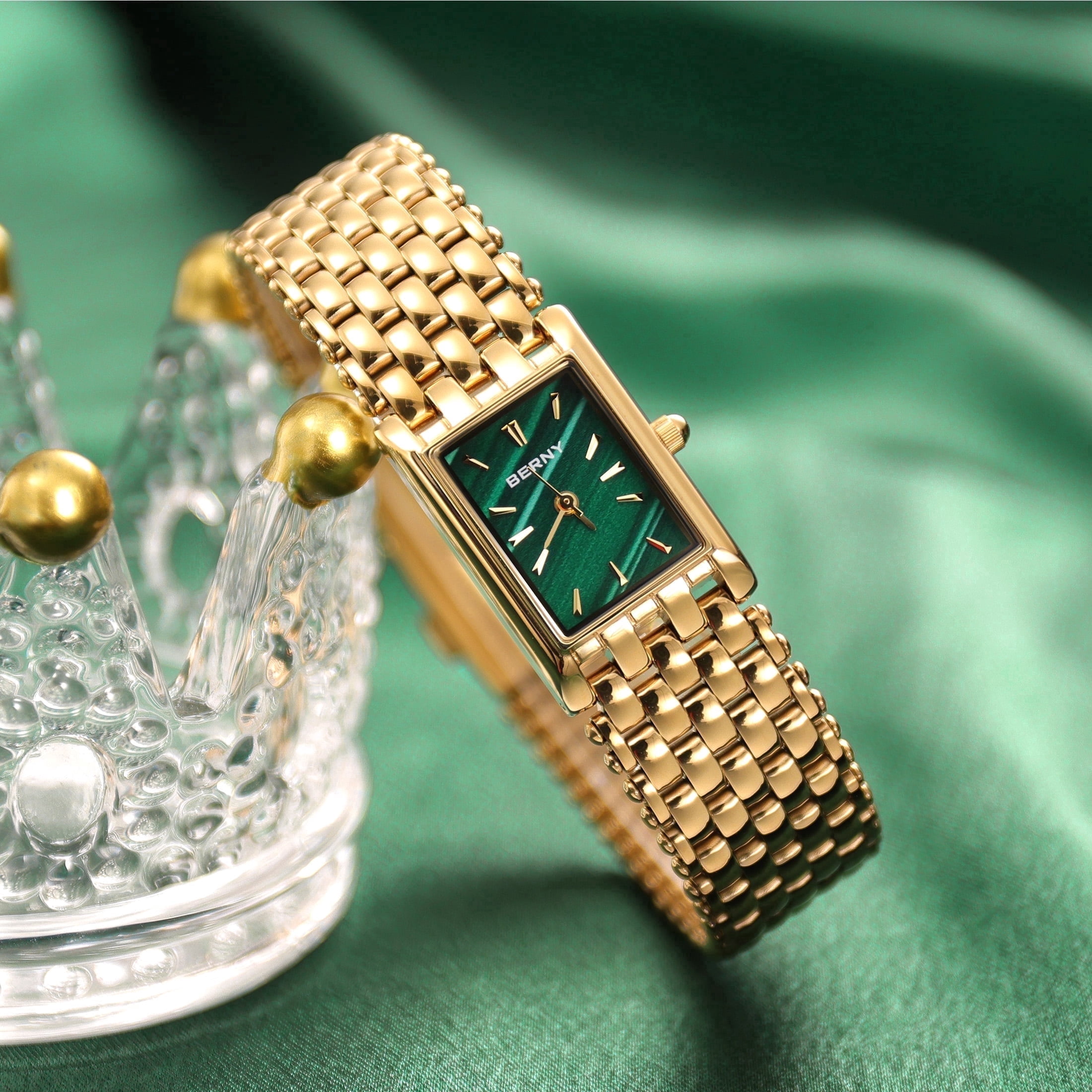 BERNY Small Gold Watches for Women, Women's Gold Rectangular Quartz Watch, Stainless Steel Bracelet, Waterproof Watch Mother's Day Gift for Women (Green)