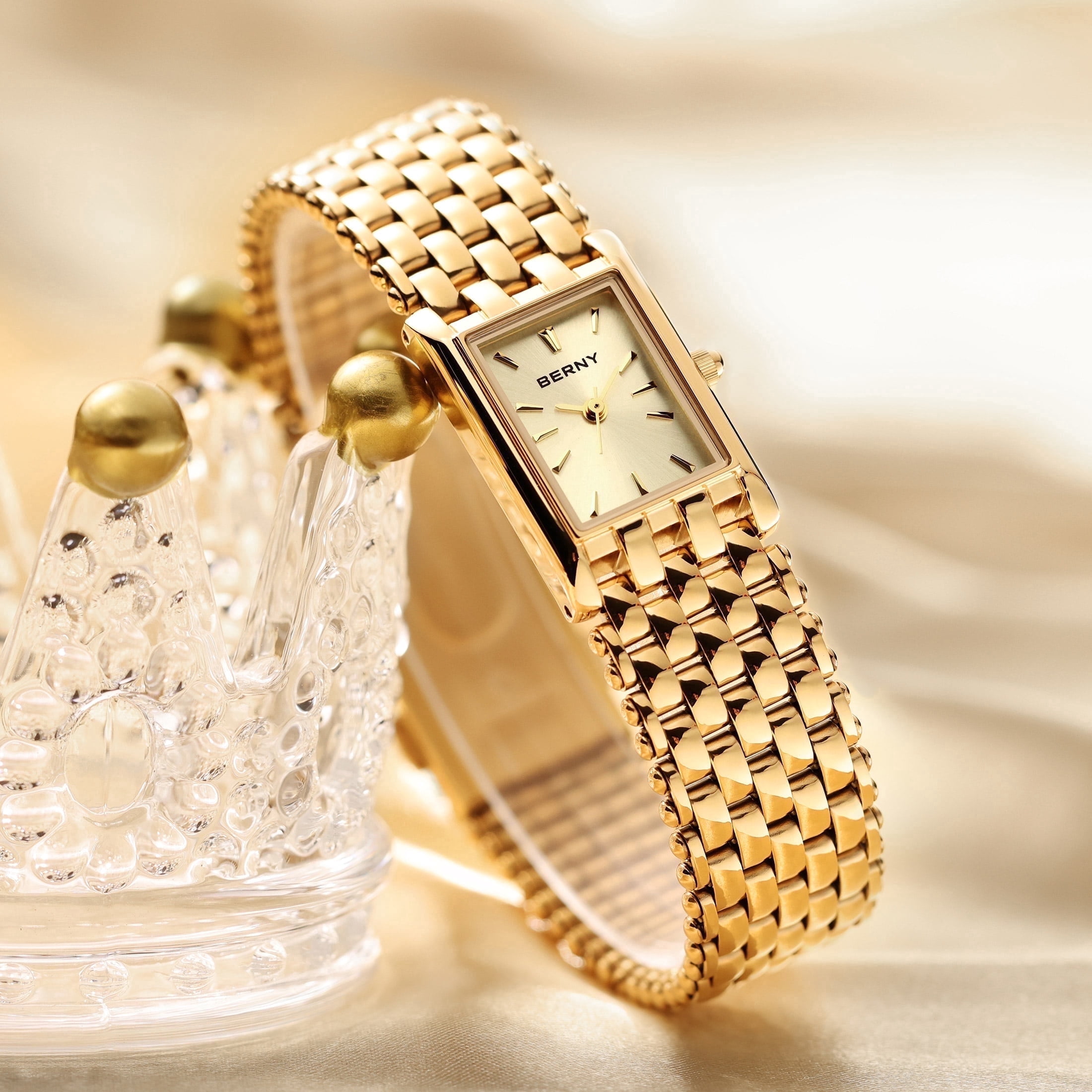 BERNY Small Gold Watches for Women, Women's Gold Tone Rectangular Quartz Watch, Stainless Steel Band, 3ATM Water Resistant, Classic Dress Wristwatch for Ladies (Gold)