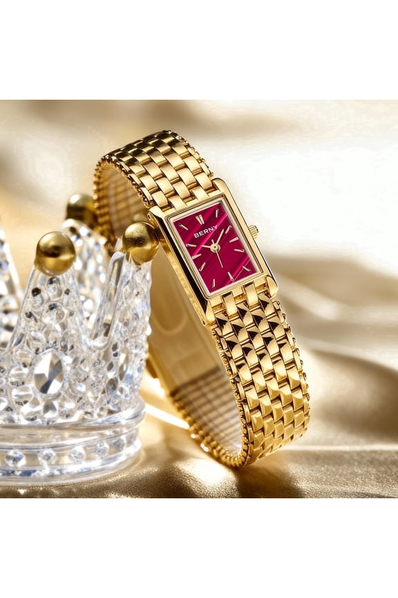 Small Gold Watches for Women, Luxury Dainty Ladies Watch, Stainless Steel Bracelet Watch, Rectangular Case, Waterproof, Vintage Minimalist Womens Wristwatch Gifts (Red)