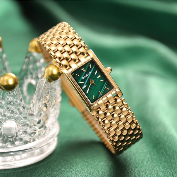 BERNY Small Gold Watches for Women, Luxury Dainty Ladies Watches, Classic Quartz Woman Watches with Stainless Steel Bracelets, Rectangular Case, Valentines Gift for ladies (Green)