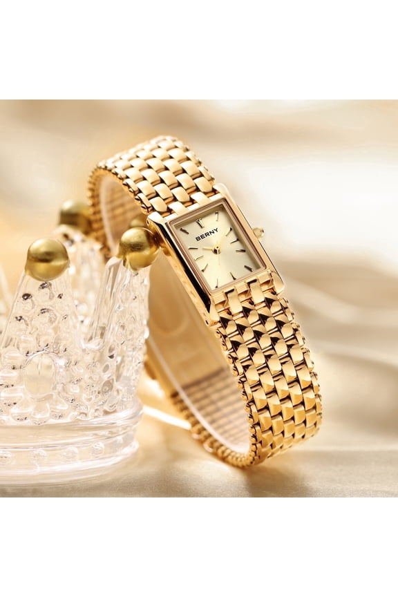 Small Gold Watches for Women, Women's Gold Tone Rectangular Quartz Watch, Stainless Steel Band, 3ATM Water Resistant, Classic Dress Wristwatch for Ladies (Gold)