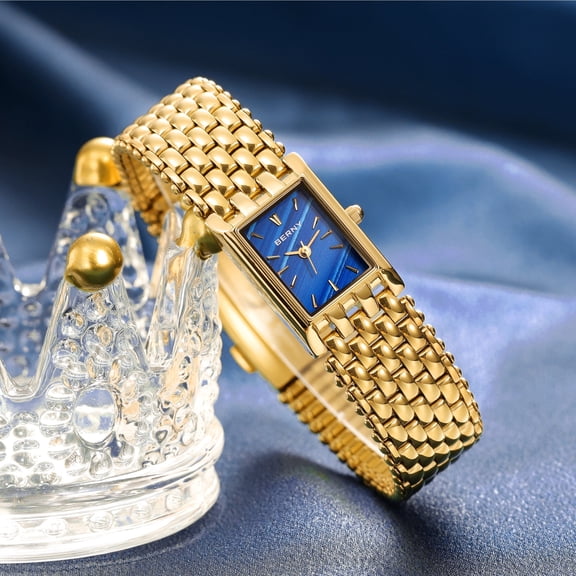 BERNY Small Gold Watches for Women, Luxury Dainty Ladies Watches, Classic Quartz Woman Watches with Stainless Steel Bracelets, Rectangular Case, Valentines Gift for Ladies (Blue)