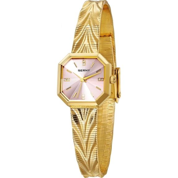 BERNY Small Gold Watches for Women, Dainty Luxury Diamond Dial, Stainless Steel Bracelet Watch, Fashion Ladies Analog Quartz Watch, Minimalist Waterproof Womens Wristwatch Gifts (Pink)