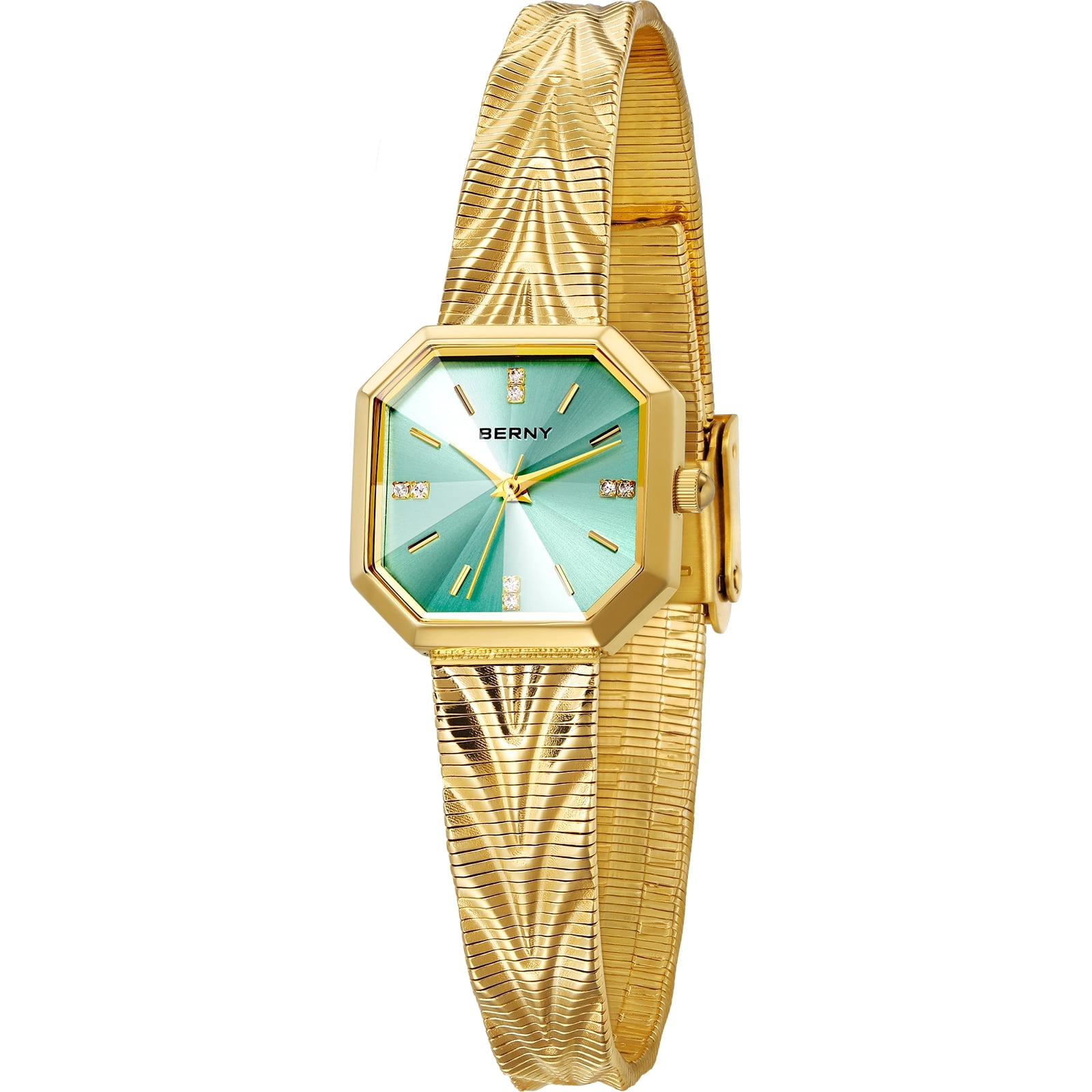 BERNY Small Gold Watches for Women, Dainty Luxury Diamond Dial, Stainless Steel Bracelet Watch, Fashion Ladies Analog Quartz Watch, Minimalist Waterproof Womens Wristwatch Gifts (Light Blue)