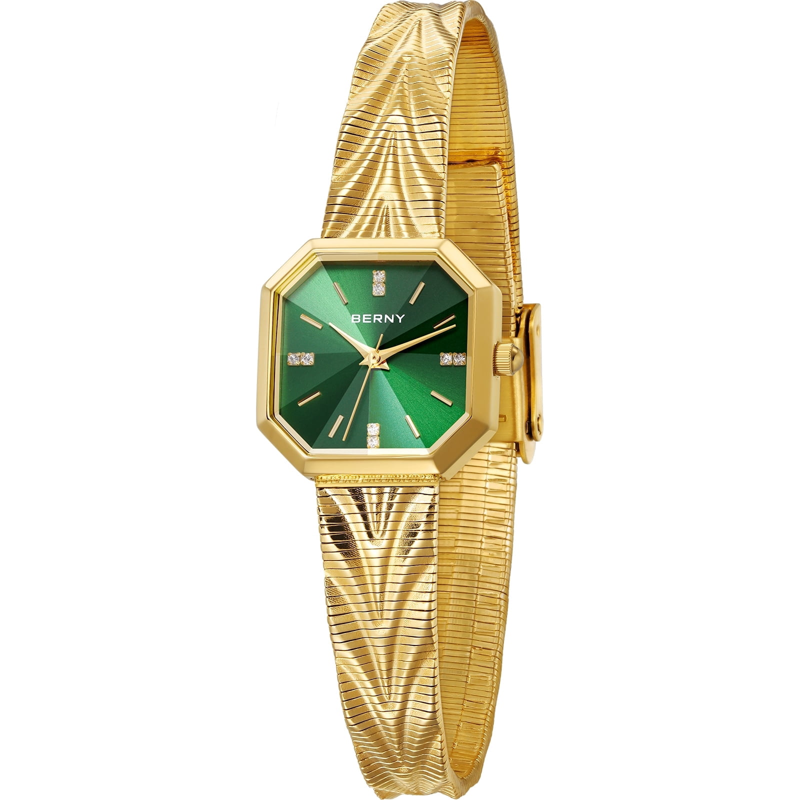 BERNY Small Gold Watches for Women, Dainty Luxury Diamond Dial, Stainless Steel Bracelet Watch, Fashion Ladies Analog Quartz Watch, Minimalist Waterproof Womens Wristwatch Gifts (Green)