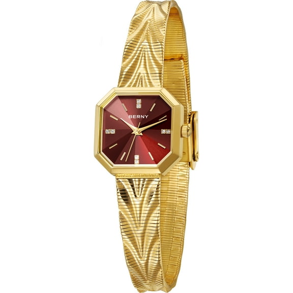 BERNY Small Gold Watches for Women, Dainty Luxury Diamond Dial, Stainless Steel Bracelet Watch, Fashion Ladies Analog Quartz Watch, Minimalist Waterproof Womens Wristwatch Gifts (Red)