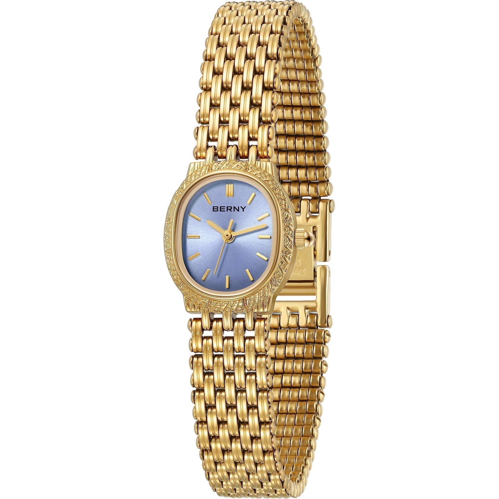 BERNY Small Gold Watches for Women, Dainty Vintage Oval Dial Stainless Steel Bracelet Watch, Adjustment Tool Included, Waterproof, Minimalist Luxury Ladies Analog Quartz Wrist Watch (Light Purple)