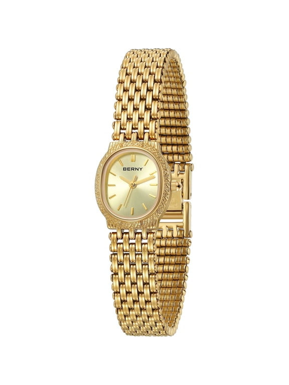 Small Gold Watches for Women, Dainty Vintage Oval Dial Stainless Steel Bracelet Watch, Adjustment Tool Included, Waterproof, Minimalist Luxury Ladies Analog Quartz Wrist Watch (Gold)