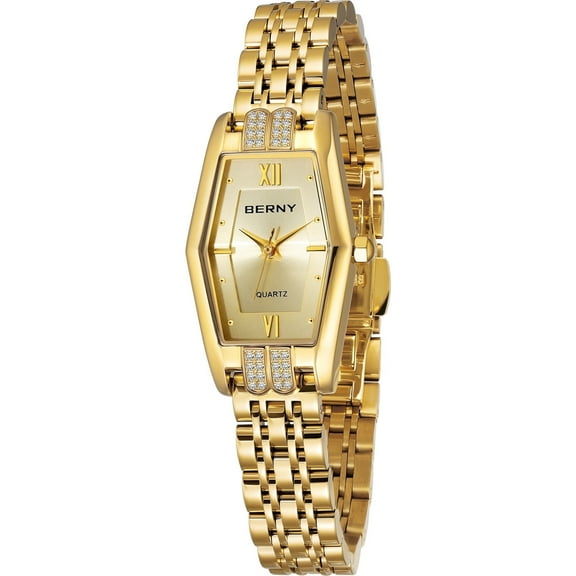 BERNY Gold Watches for Women, Dainty Luxury Diamond Stainless Steel Bracelet Watch, Adjustment Tool Included, Waterproof, Fashion Ladies Analog Quartz Wristwatch, Small Gold Watch Gifts (Gold)