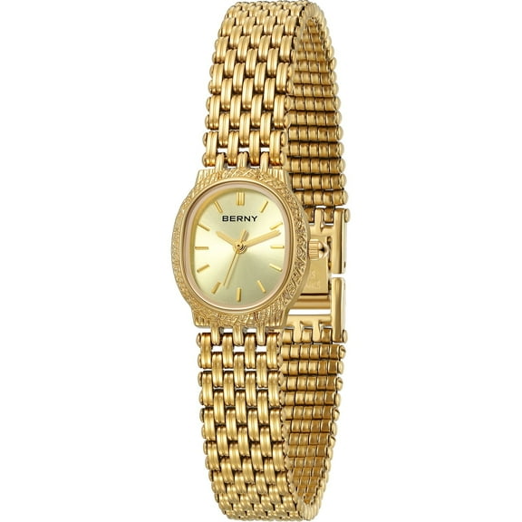 BERNY Small Gold Watches for Women, Dainty Vintage Oval Dial Stainless Steel Bracelet Watch, Adjustment Tool Included, Waterproof, Minimalist Luxury Ladies Analog Quartz Wrist Watch (Gold)