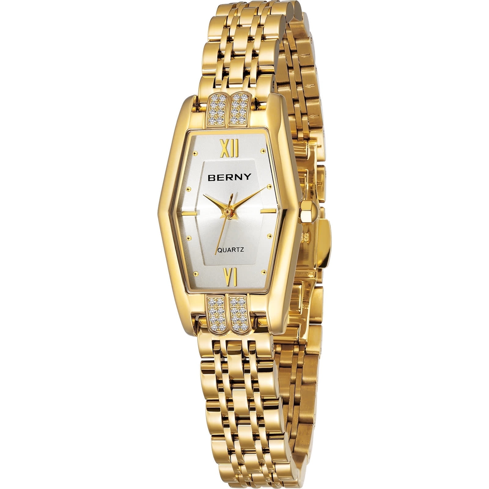 BERNY Gold Watches for Women, Dainty Luxury Diamond Stainless Steel Bracelet Watch, Adjustment Tool Included, Waterproof, Fashion Ladies Analog Quartz Wristwatch, Small Gold Watch Gifts (White)