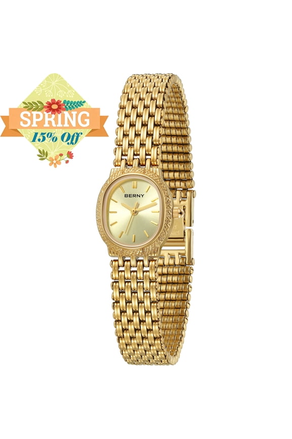 Small Gold Watches for Women, Dainty Vintage Oval Dial Stainless Steel Bracelet Watch, Adjustment Tool Included, Waterproof, Minimalist Luxury Ladies Analog Quartz Wrist Watch (Gold)