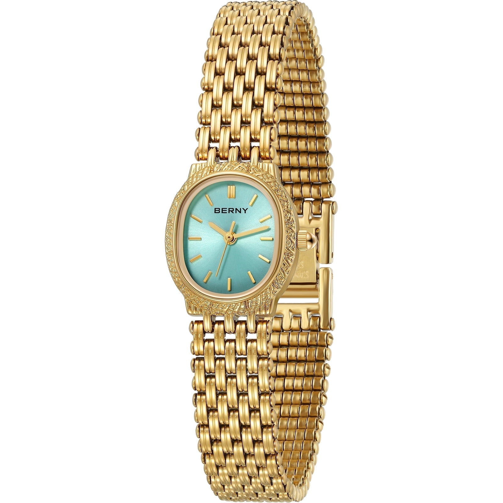 BERNY Small Gold Watches for Women, Dainty Vintage Oval Dial Stainless Steel Bracelet Watch, Adjustment Tool Included, Waterproof, Minimalist Luxury Ladies Analog Quartz Wrist Watch (Glacier Blue)