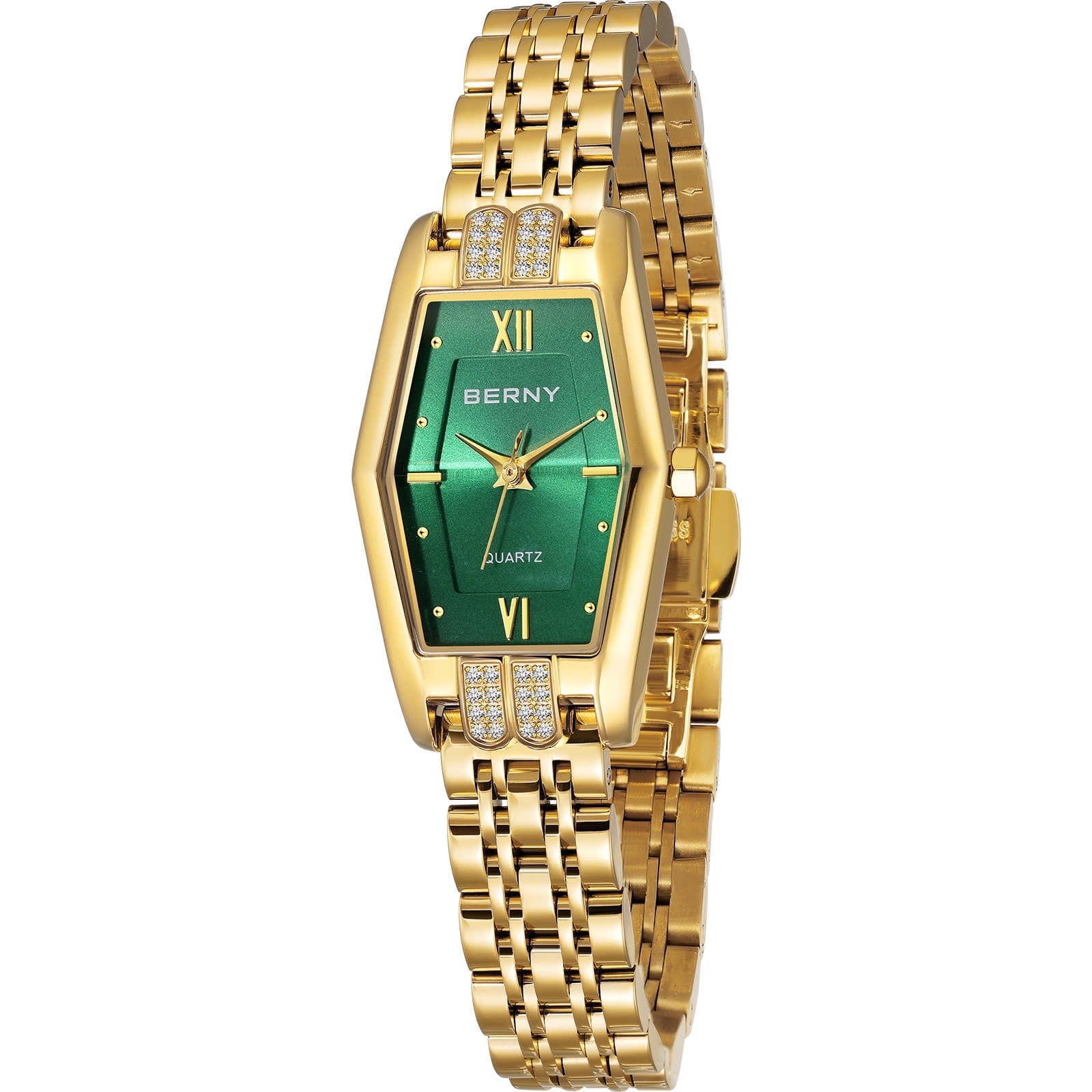 BERNY Gold Watches for Women, Dainty Luxury Diamond Stainless Steel Bracelet Watch, Adjustment Tool Included, Waterproof, Fashion Ladies Analog Quartz Wristwatch, Small Gold Watch Gifts (Green)