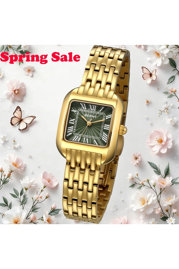 Gold Watches for Women, Classic Dressy Ladies Watches with Square Case, Stainless Steel Bracelet, Textured Dial with Roman Numeral Hour Indexes, Minimalist Women Wrist Watch, Green