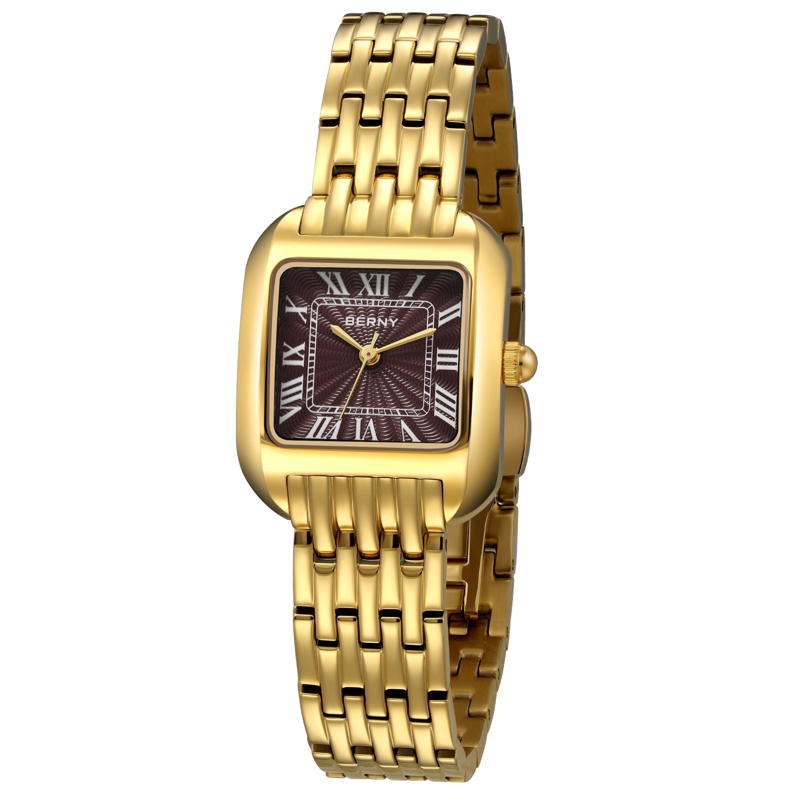BERNY Gold Watches for Women, Square Dainty Ladies Analog Quartz Watch with Roman Numeral, Stainless Steel Bracelet Watch, Classic Waterproof Women Wristwatch Gift, Brown
