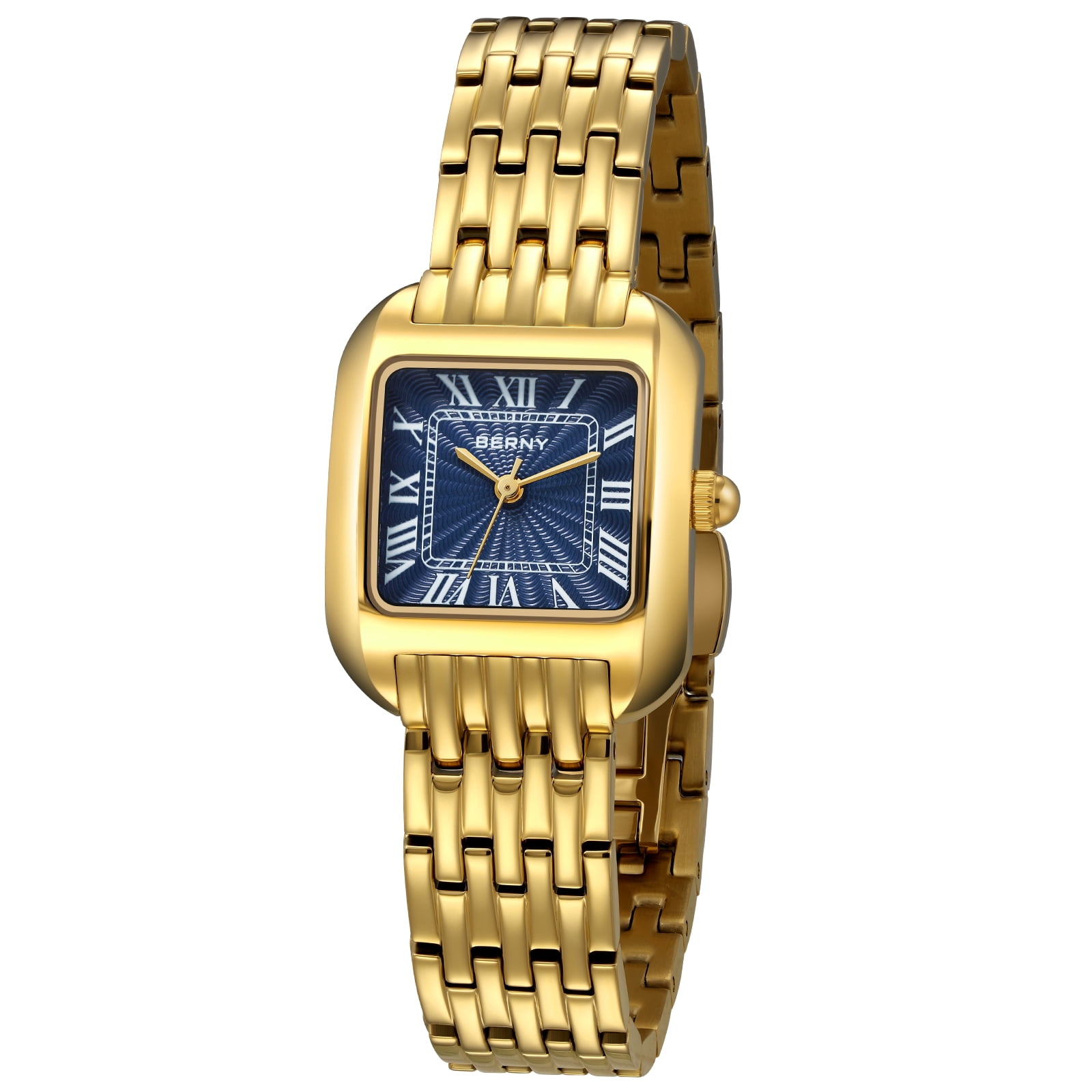 BERNY Gold Watches for Women, Square Dainty Ladies Analog Quartz Watch with Roman Numeral, Stainless Steel Bracelet Watch, Classic Waterproof Women Wristwatch Gift, Blue