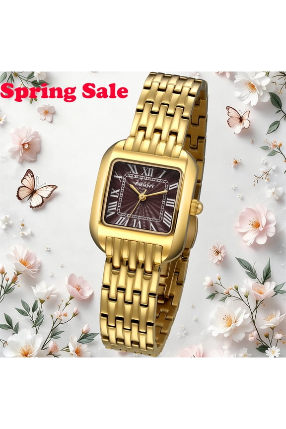 Gold Watches for Women, Classic Dressy Ladies Watches with Square Case, Stainless Steel Bracelet, Textured Dial with Roman Numeral Hour Indexes, Minimalist Women Wrist Watch, Brown