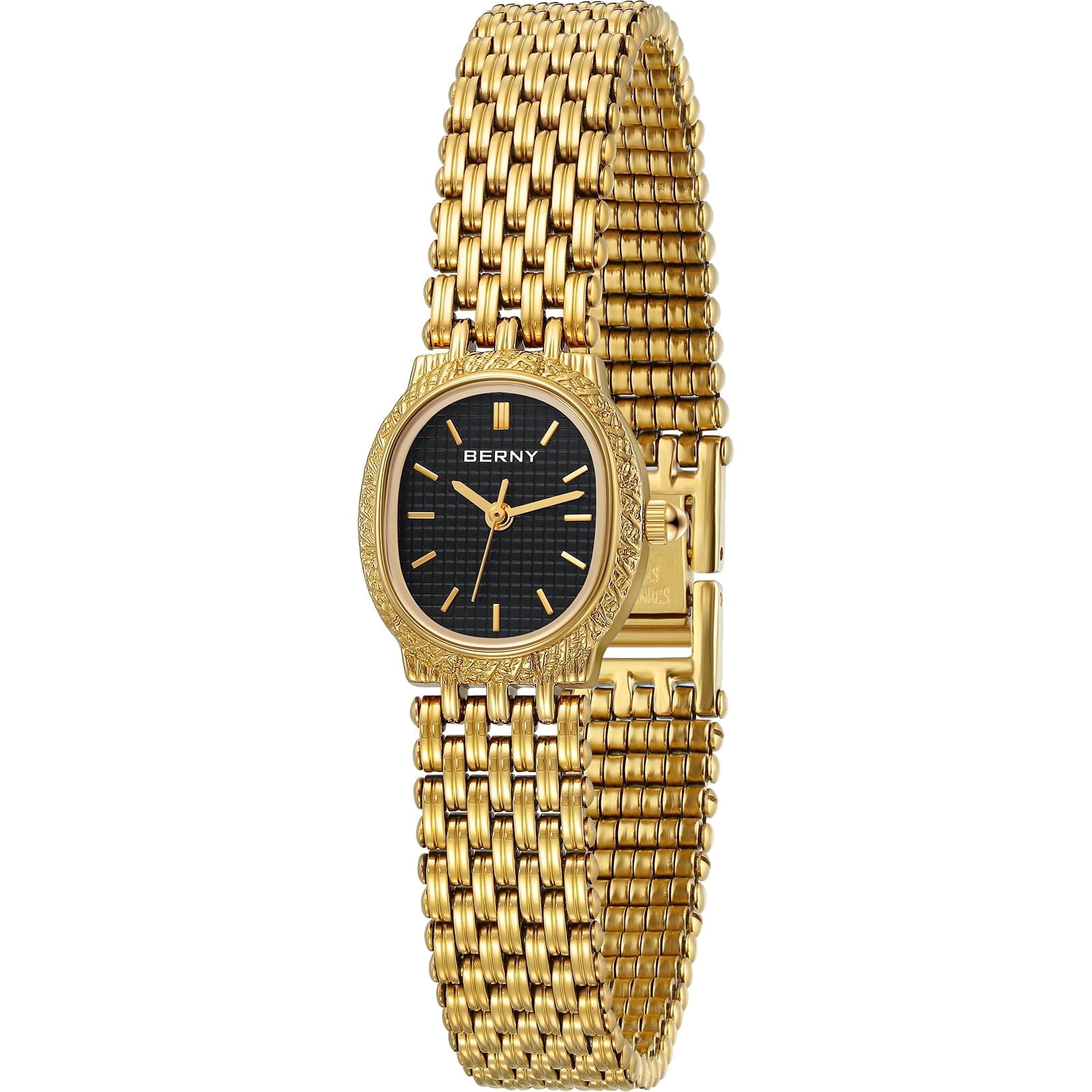 BERNY Small Gold Watches for Women, Dainty Vintage Oval Dial Stainless Steel Bracelet Watch, Adjustment Tool Included, Waterproof, Minimalist Luxury Ladies Analog Quartz Wrist Watch (Black)