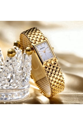 Small Gold Watches for Women, Luxury Dainty Ladies Watch, Stainless Steel Bracelet Watch, Rectangular Case, Waterproof, Vintage Minimalist Womens Wristwatch Gifts (White)