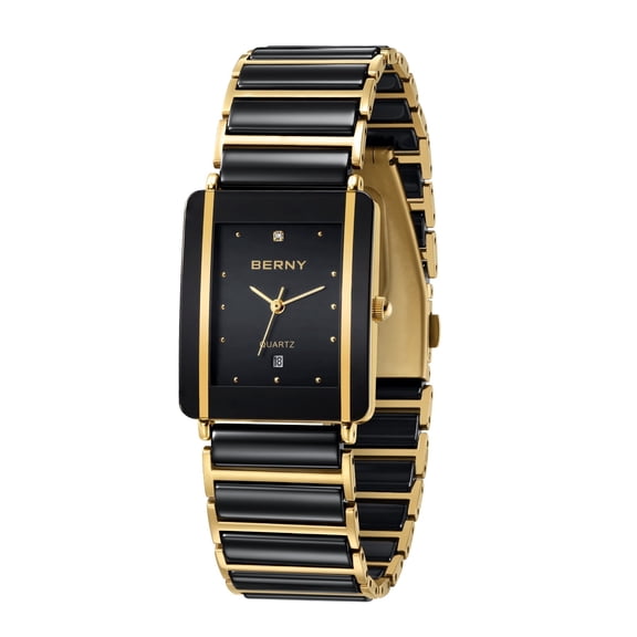 BERNY Quartz Watch for Men, Classic Rectangular Men's Wristwatch with Ceramic Band, Date Calendar, Waterproof Fashion Analog Quartz Watch, Birthday Gifts