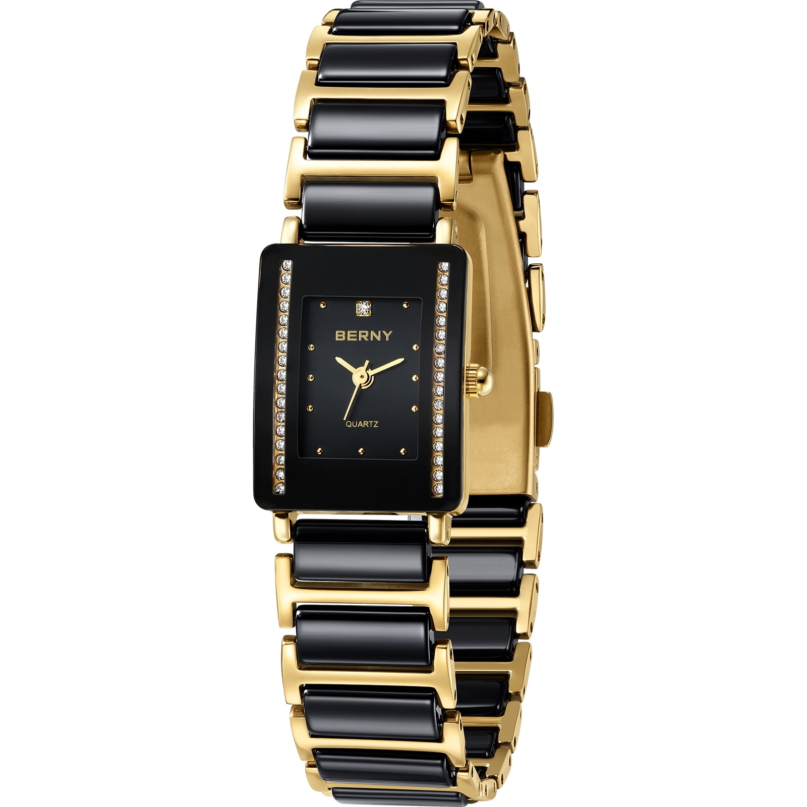 BERNY Watches for Women, Dainty Luxury Diamond Rectangular Case, Two Tone Stainless Steel Ceramic Bracelet Watch, Analog Quartz Waterproof, Fashion Ladies Small Dress Watch Gifts