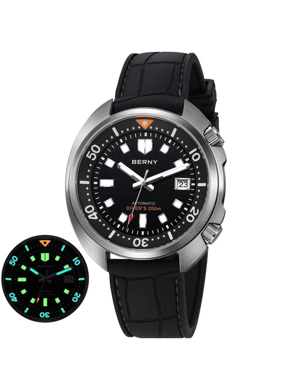Men's Automatic Sport Dive Watch, Stainless Steel Case with Silicone Strap, Date Calendar, Sapphire Crystal, Super Luminous, 20ATM Waterproof, Black