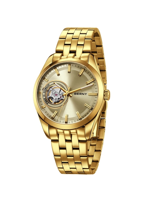 Automatic Watch for Men, Luxury Mechanical Watches, Stainless Steel Band, Sapphire Glass, 5ATM Waterproof, Open-Heart Dial Design, Business Men's Wristwatch, Gold