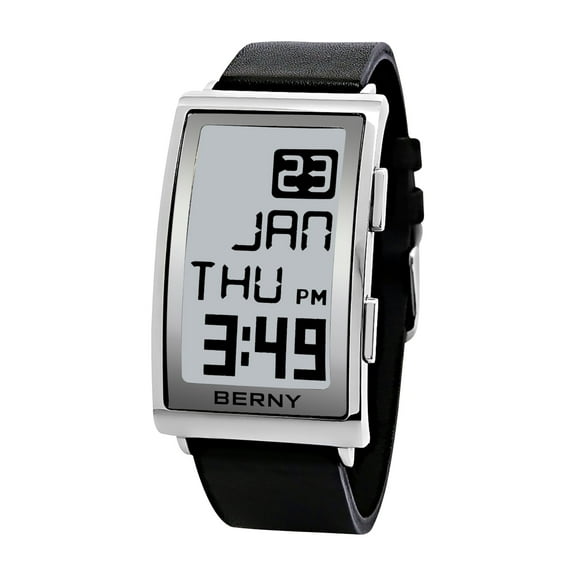 BERNY Men's Digital Watch E-Ink Display Fashion LED E-Paper Square Watch Curved Dial Leather Strap Watches with Two-Time Zone Waterproof Wristwatch